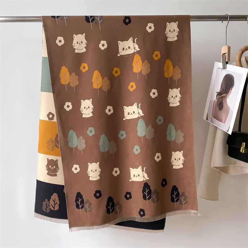 Winter Warm Shawl Luxury  Cat Cashmere Scarf Women Thick Blanket Wrap Pashmina Bufanda Tassel Female Long Foulard