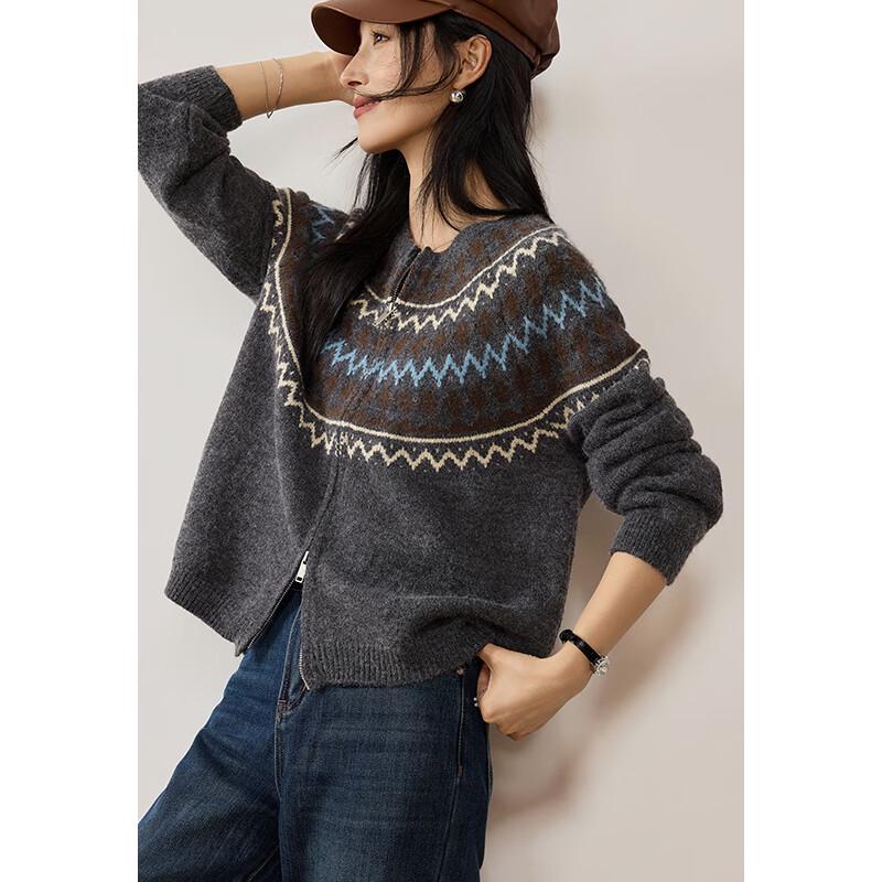 VICTORIA&VERA Women's Winter Fair Isle Retro Round Neck Knit Sweater with Double Zipper