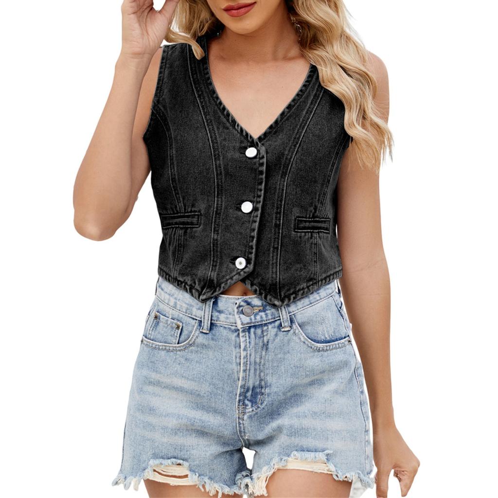 Einfarbige Jeansweste mit V-Ausschnitt und Knopfleiste für Damen