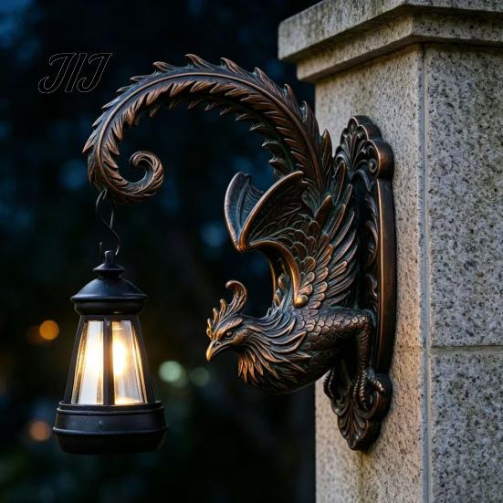 Solar Powered Porch Lanterns Phoenix Wall Lights, Resin Sculpture Outdoor Light, Bronze Finish Yard Decor Waterproof Landscape Lamp for Garden