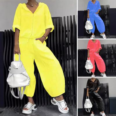 2 pezzi/set donna cappotto pantaloni tuta con cappuccio cerniera mezza manica orlo con lacci top gamba larga tasche larghe pantaloni inverno uso quotidiano tuta