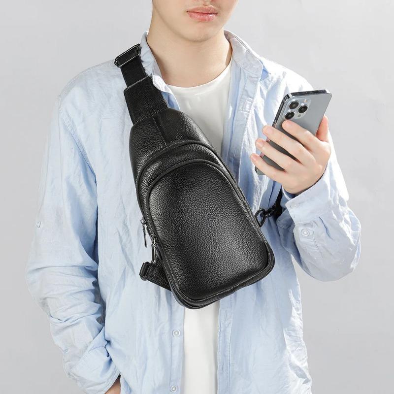 Real leather men's crossbody shoulder bag, fashionable, versatile, casual, portable, breathable, multi pocket chest bag