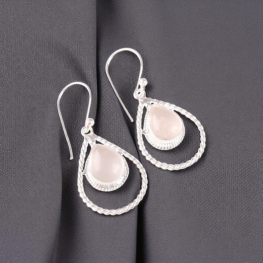 Natural Rose Quartz Gemstone 925 Sterling Silver Jewelry Handmade Earrings 1.70" EE-96-28