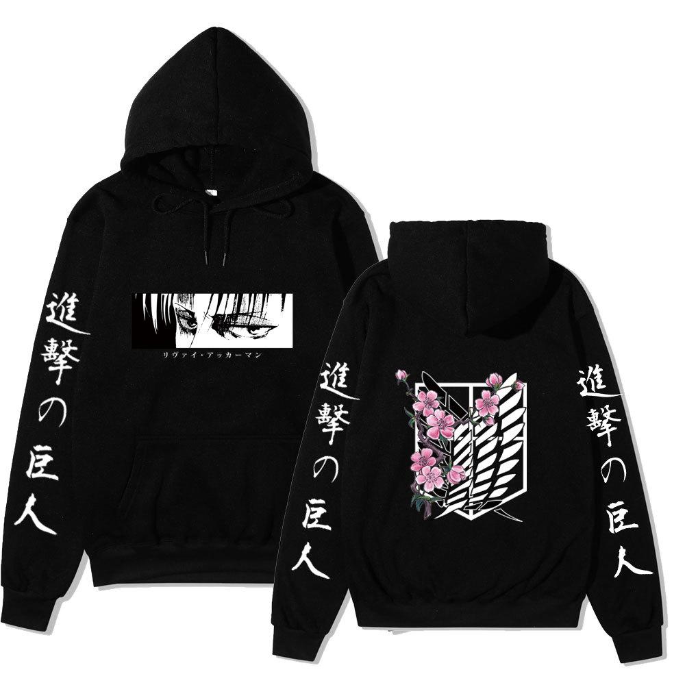 Attack on Titan Levi Ackerman Hoodie, Wings of Freedom Cherry Blossom Printed Pullover Hooded Sweatshirt Casual Long Sleeve Hoodie