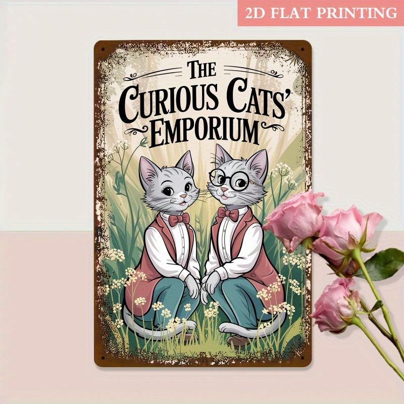 1pc Curious Cats Emporium Metal Sign - 8x12 Inch Iron Wall Decor with Whimsical Garden Design, Vintage-Inspired Cat Illustration