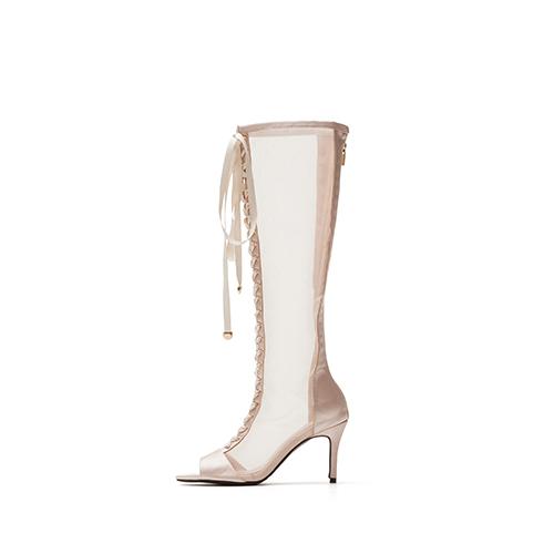 Ssimeez Satin See-Through Open-Toe Heeled Boots (Beige)