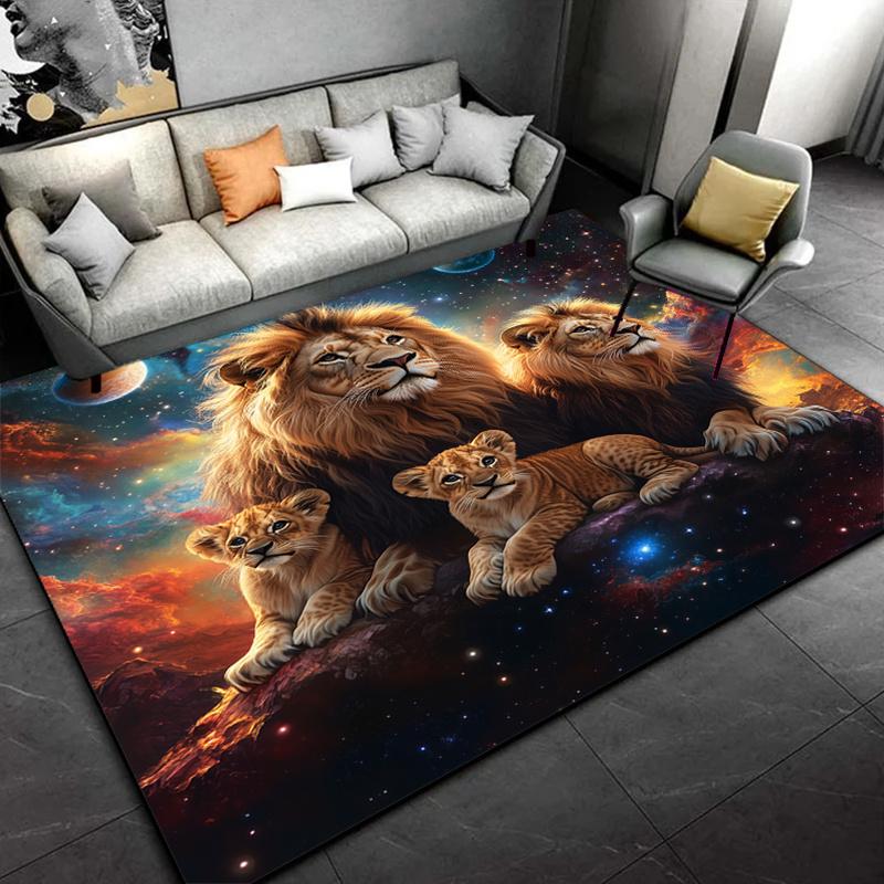 Cosmic Lion Family Rug for Playful Kids' Rooms - Space Theme Carpet, Wild Animal Print, Fantasy Room Decor