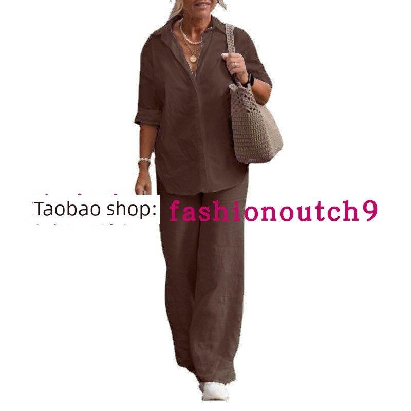

2024 Воротник Рубашка с длинным рукавом Повседневные брюки Широкие штанины Комплект Dark brown 2XL
