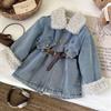 Winter Girls' Fashionable Denim Dress With Plush Warm Denim Jacket