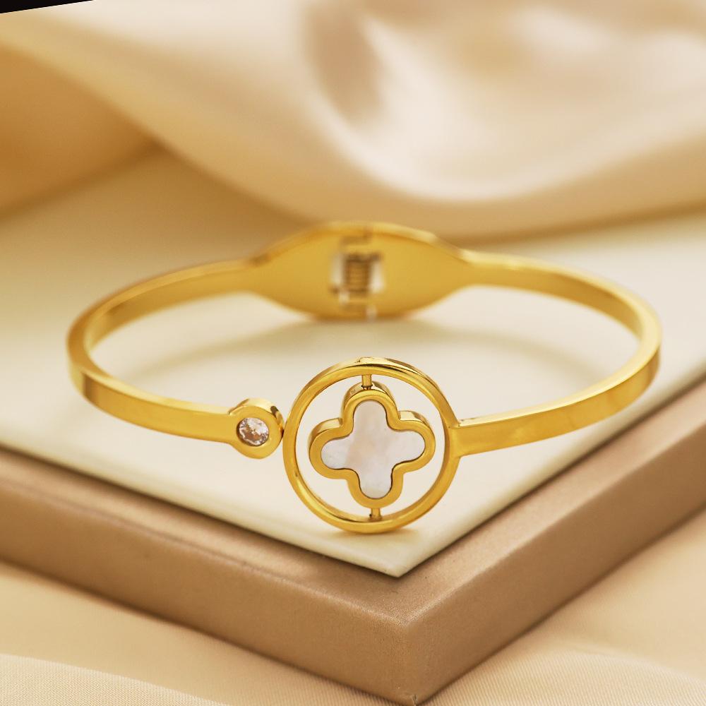 Light Luxury Style Fashion Fritillaria Bracelet High-end Rotating Black and White Double-sided Four-leaf Clover Bracelet