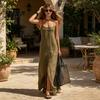 Versatile Women Dress Women's Sleeveless Maxi Dress, Square Neck Spaghetti Strap Retro Style Casual Long Summer Slit Beach Vacation Sundress Everyday