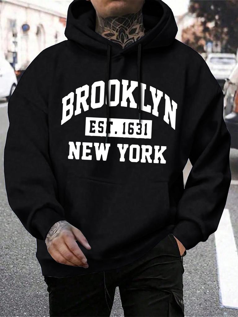Beooklyn Est 1631 New York Printed Hooded Men Fleece Warm Big Size Hoodies Fashion Fur-liner Hoodie Fashion Casual S-XXL Tops