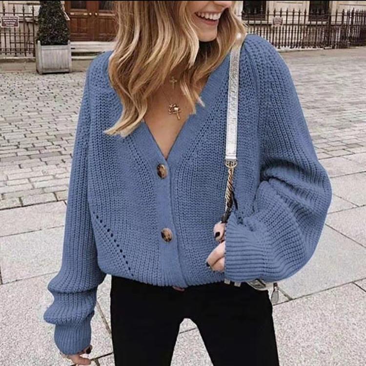 

Coarse needle knitted cardigan women s autumn new short loose neck sweater jacket women one size fits all синий