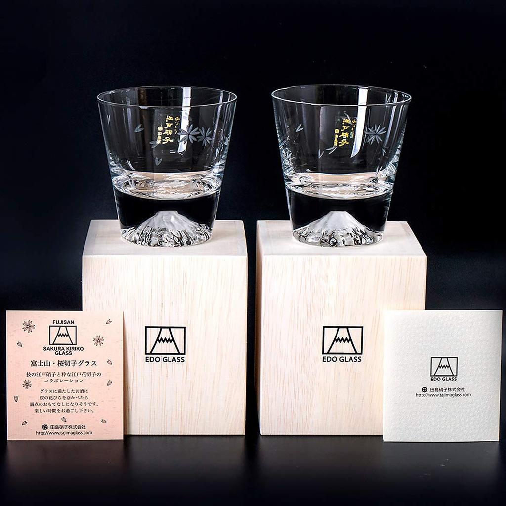 Fuji Tajima Glass Sakura Rocks Glasses x 2 Pair Set Grand Prix Edo Edo 60th Overseas Celebration Made in Paulownia Wood Includes Views of Mount Fuji x