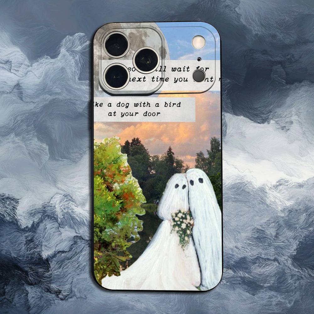 Lovely ghost Case For iPhone 12,14,15,16,17,13,11,X,Mini,Plus,Pro Max,8,7,XR,SE,XS,Soft Silicone Black