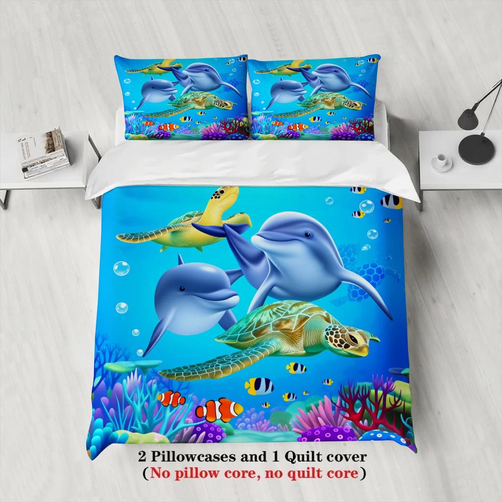 3pcs Dolphins & Sea Turtle Print Duvet Cover Set – for Kids Gift 100%Polyester, Soft, Breathable for Bedroom Decoration