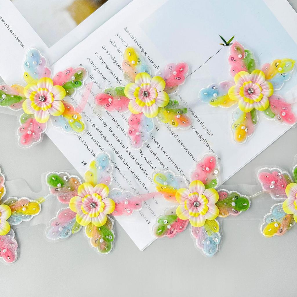 Color Beaded Lace Sequined Rhinestone Inlaid Three-Dimensional Flower Barcode Decorative Clothing Luggage Skirt Lace Accessories