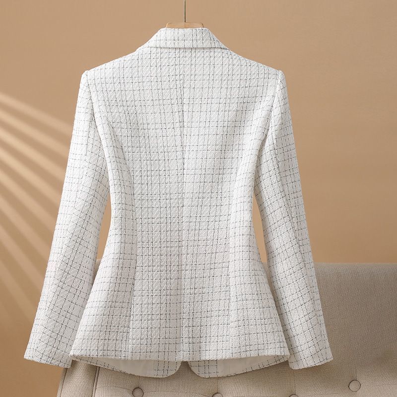 Fashionable White Checkered Suit Jacket for Women Spring Autumn Small Fragrant Elegant Suit Coat Women Blazer