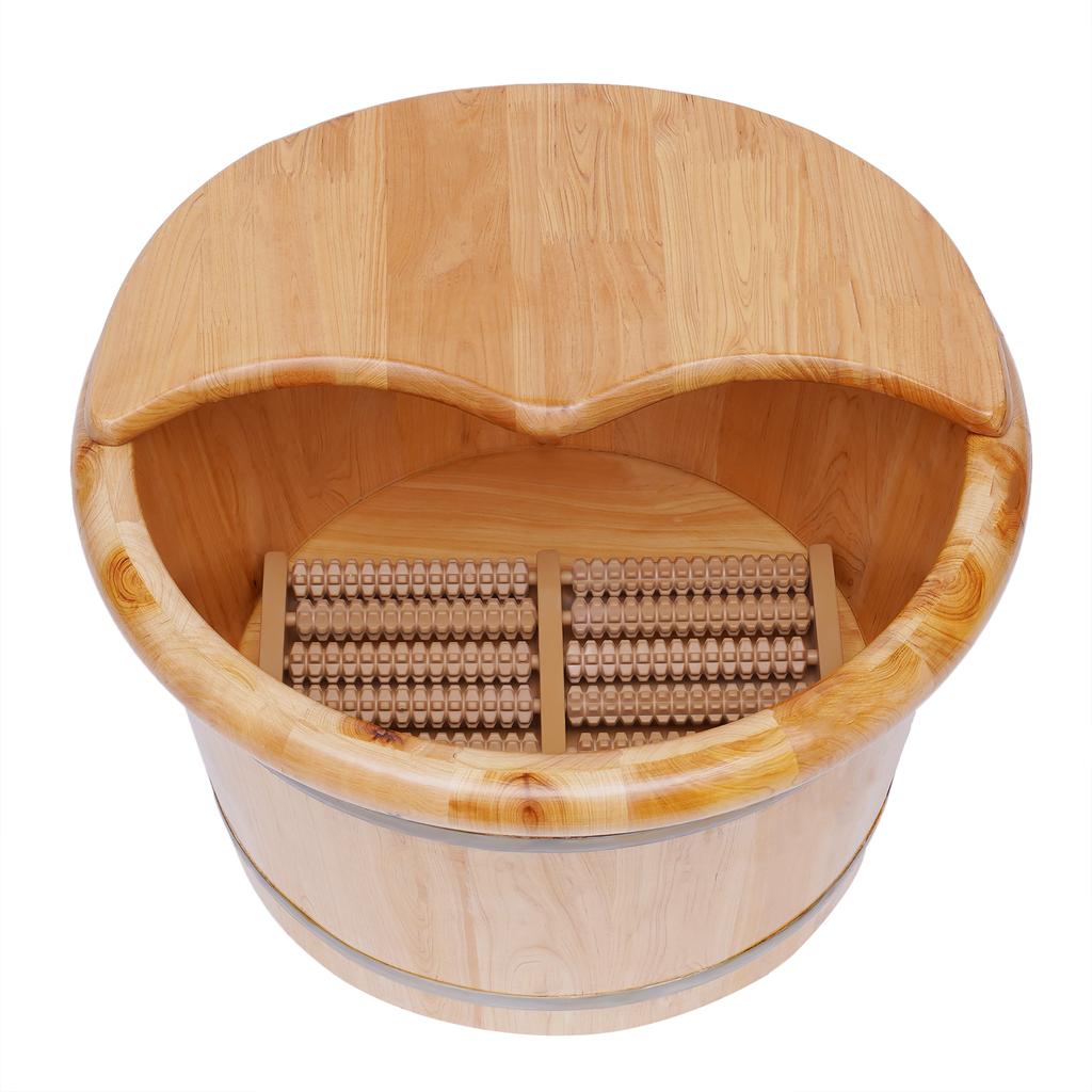 Foot Bath Bucket Cedar Wood Foot Basin Foot Massage Bucket with Massager Cover Plate Portable Foot Bath Basin