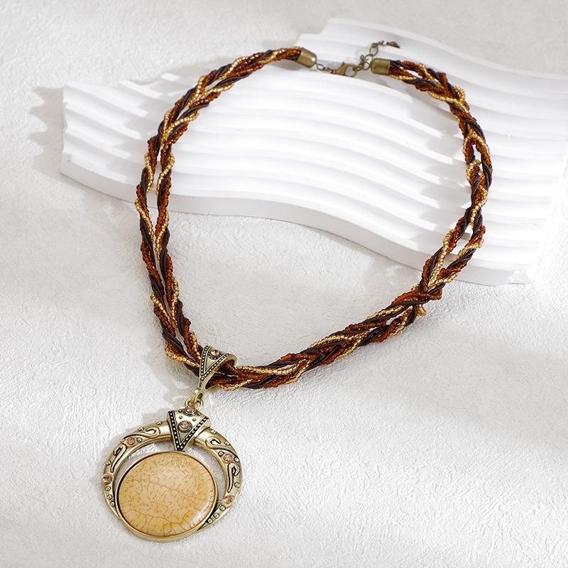 El Yapımı Dokuma Pirinç Boncuk Kolye Bohem Vintage Yuvarlak Değerli Taş Kolye Rahat Unisex Boyun Aksesuarları