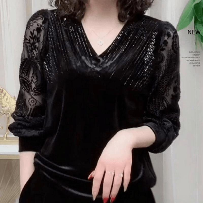 Kadın Elmas Seksi Şeffaf Dantel Patchwork Zarif Temel Tişört İlkbahar Sonbahar Moda V Yaka Uzun Kollu Siyah Kazak Üstleri