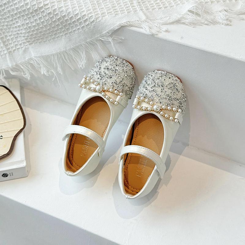 Girls Leather Shoes for Party Wedding Fashion Children Rhinestone Princess Shoes Kids Shallow Flats Mary Jane Shoe Anti-Slippery