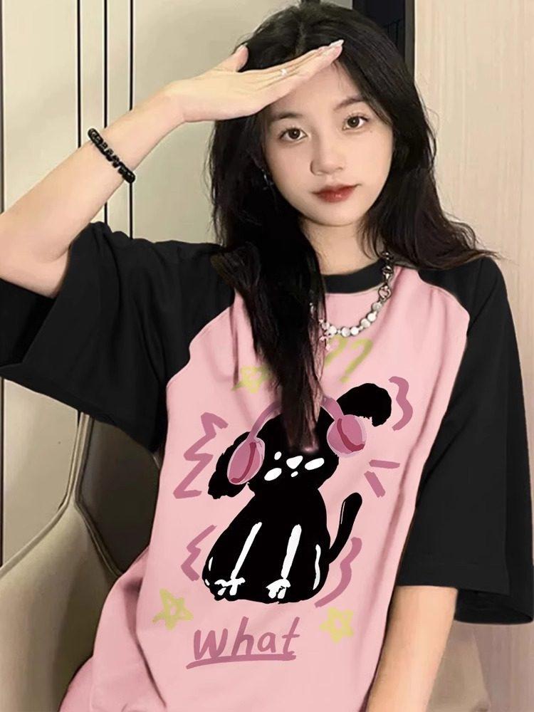 Women's Plus Size Retro Color Block Raglan Short Sleeve Cotton T-shirt