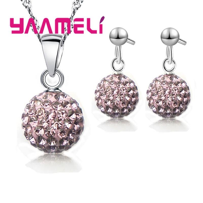 925 Sterling copper Stamped Bridal Zircon Sets Women Girls Wedding Gifts Austrian Crystal CZ Disco Ball Necklace Hoop Earrings