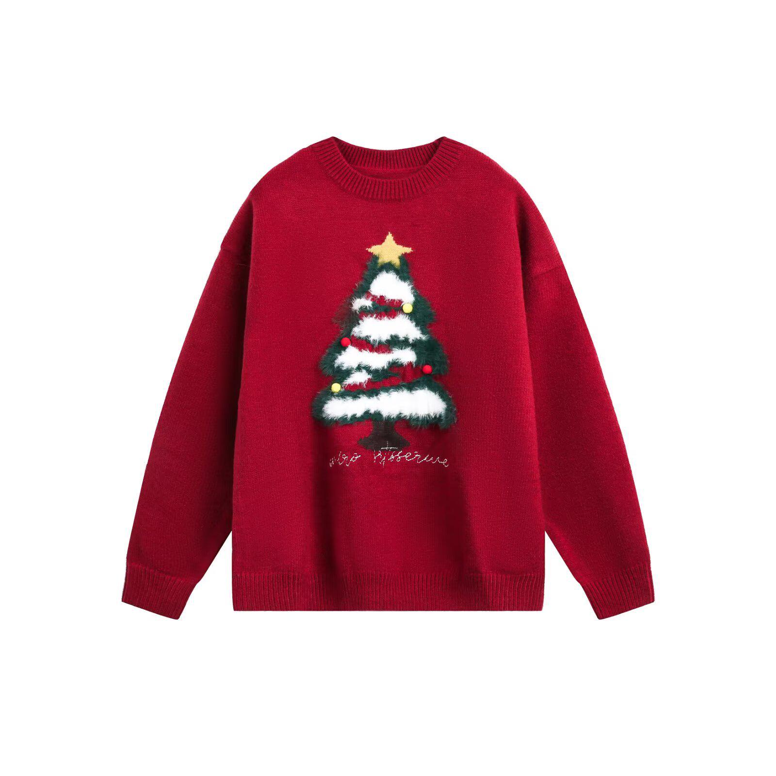Men s Christmas Tree Jacquard Red Sweater: Korean Style Autumn/Winter Knit Round Neck Base Layer M