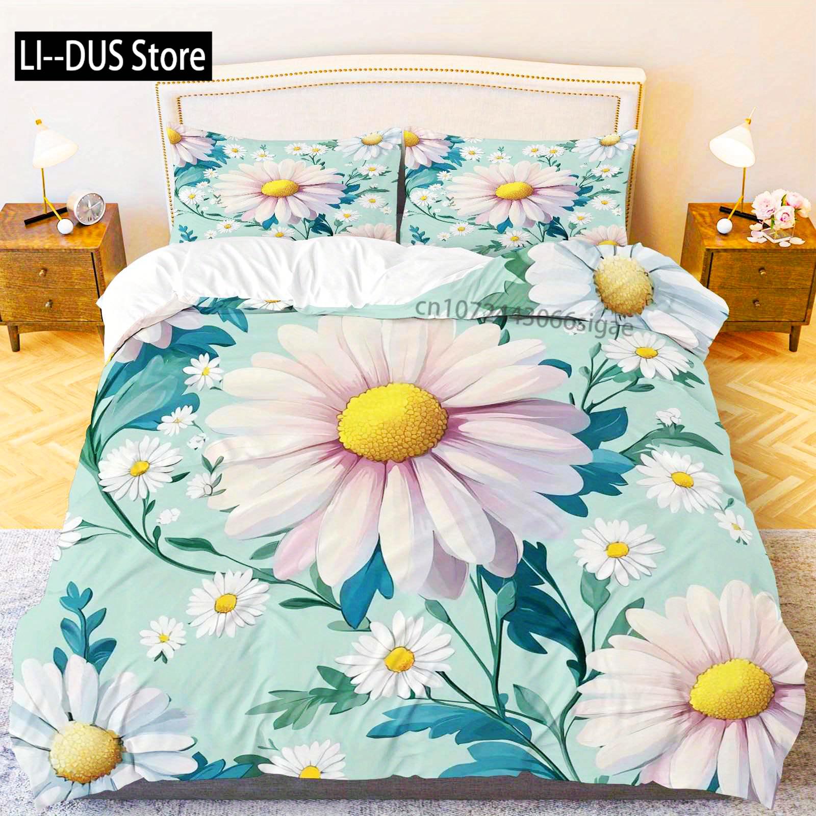 

3pcs Duvet Cover Set Daisy Flower Floral Botanical Fresh Nature Theme Bedding Set Suitable For Decoration Bedroom Living Room EU Single(135*200cm)3pcs
