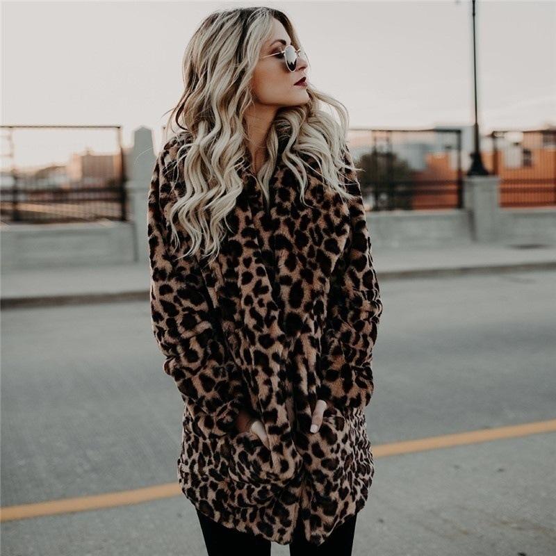 Women's Leopard Print Faux Fur Mid-Length Coat Open Front Warm Winter Jacket