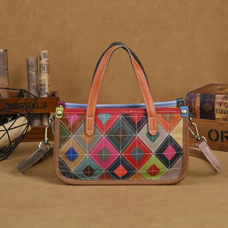 Johnature Borsa da Donna in Vera Pelle Retro Splicing Colore Casuale Borsa a Mano Versatile Morbida Pelle di Mucca Borsa a Spalla
