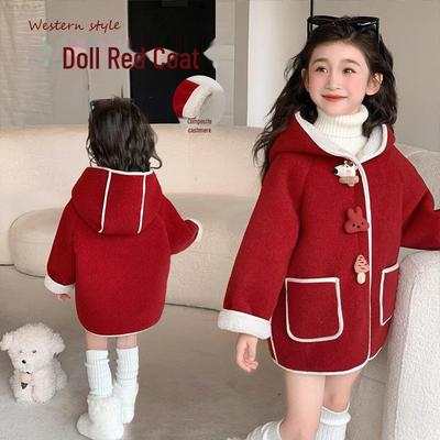 2024 New Fashion Red Angora Coat for Baby Girls - Thickened Autumn/Winter Windbreaker for Small and Medium Children