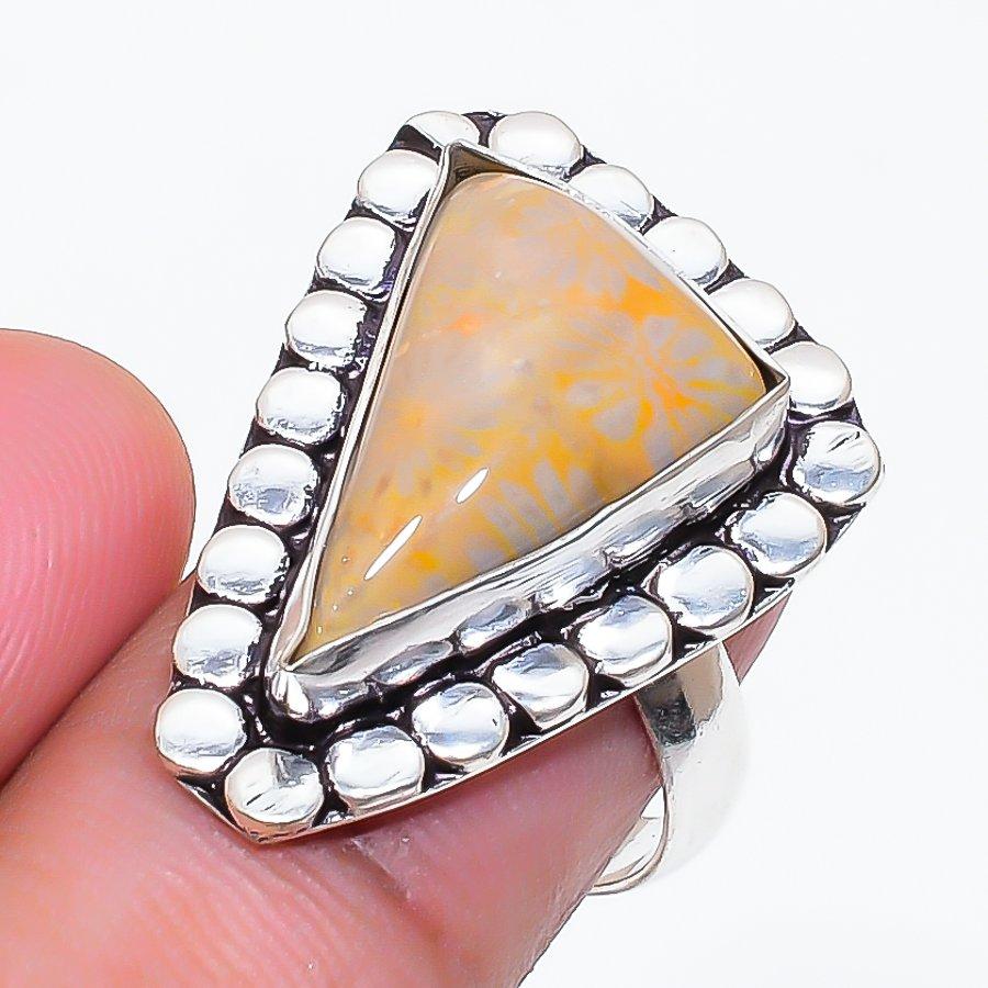 Natural Fossil Coral Gemstone 925 Sterling Silver Jewelry Ring Size 7 ZS-858
