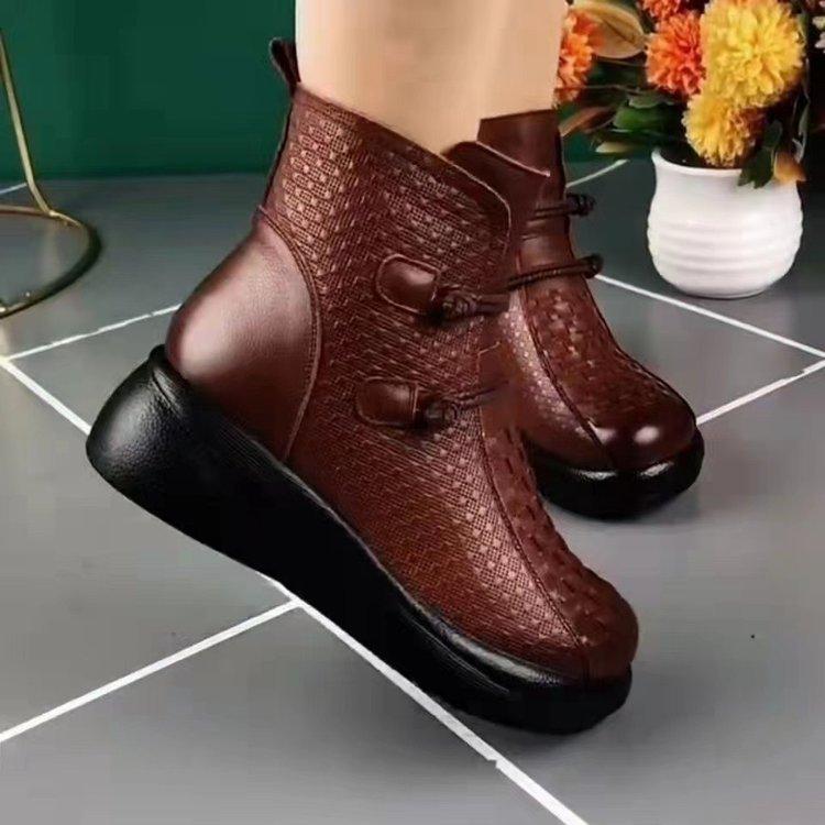 Women Soft Leather Round Toe Boots  Casual  Rubber Flat Short Boots Winter Fashion Warm Non-slip Ankle Boots Shoes