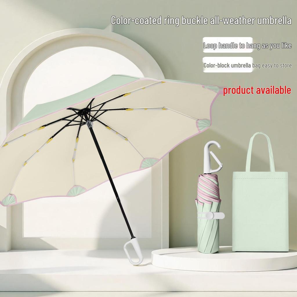 8-Rib Manual Buckle Safety Umbrella with Pink Edges, UV Protection, 3-Fold, for Female Students