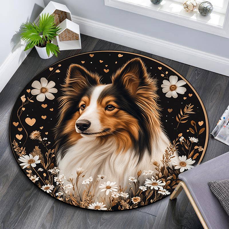 Collie Dog Round Area Rug,Carpet Rug for Living Room Bedroom Sofa Playroom Decor,Non-slip Floor Mat