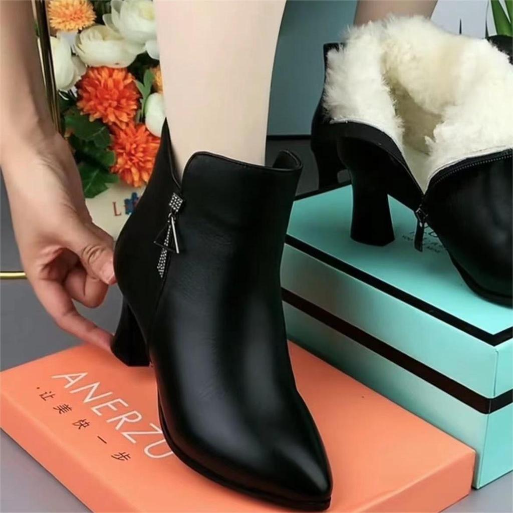 Damskor 2025 Äkta Läder Vinterstövlar med Spetsig Tå och Varm Lammullsfoder
