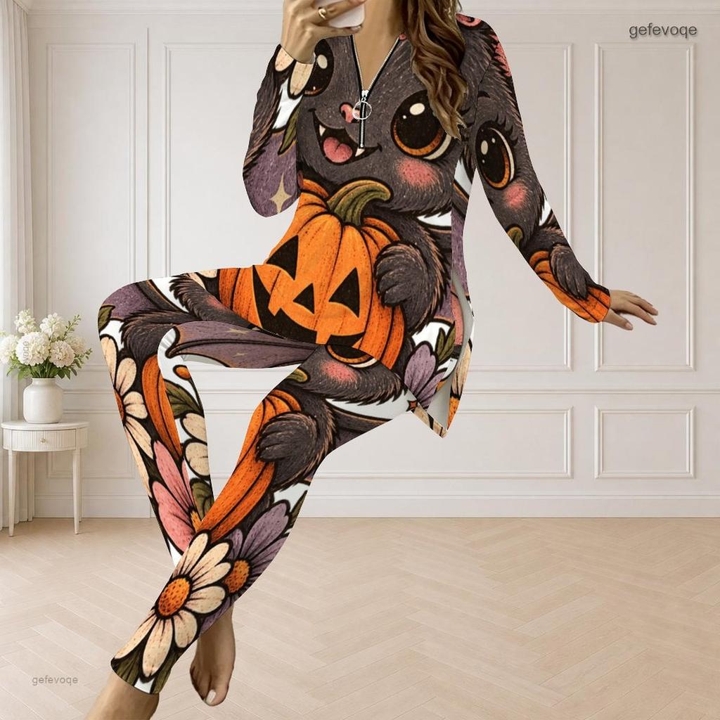 Women Plus Size Halloween Cartoon Printed Half Zip Long Sleeve Top And Fitted Pants Two Piece Set