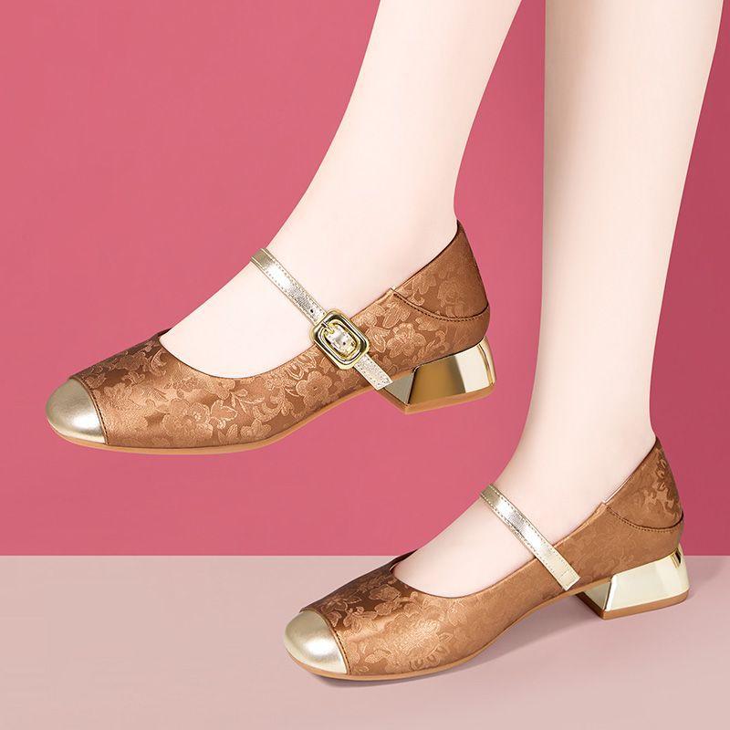 2.5cm 4cm Breathable Comfortable Shallow Mouth Floral National Flat Platform Shoes 2025 Spring Soft Leather Mary Janes Mom Dance