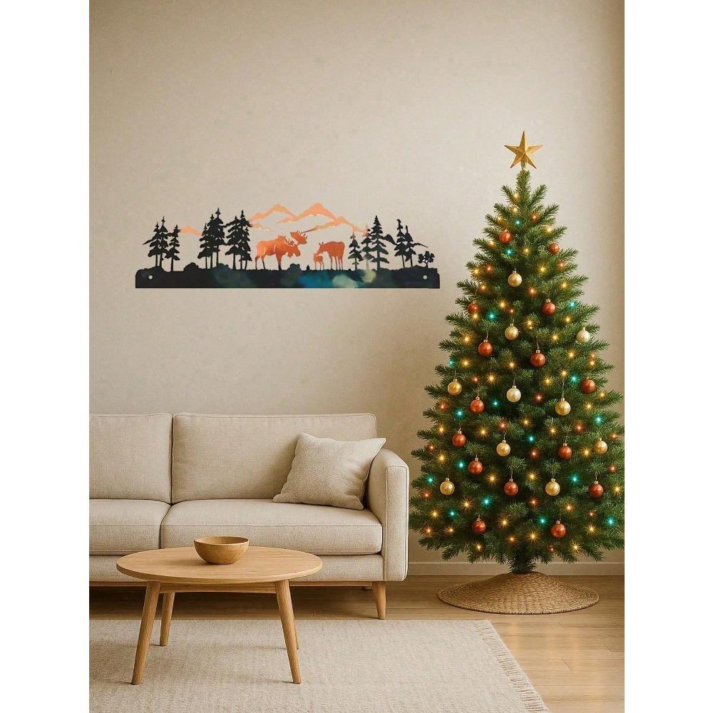 Metal Moose Head Wall Decor Winter Forest Christmas Tree Nordic Holiday Home Living Room Rustic Farmhouse Art Xmas Decoration Hanging Gift