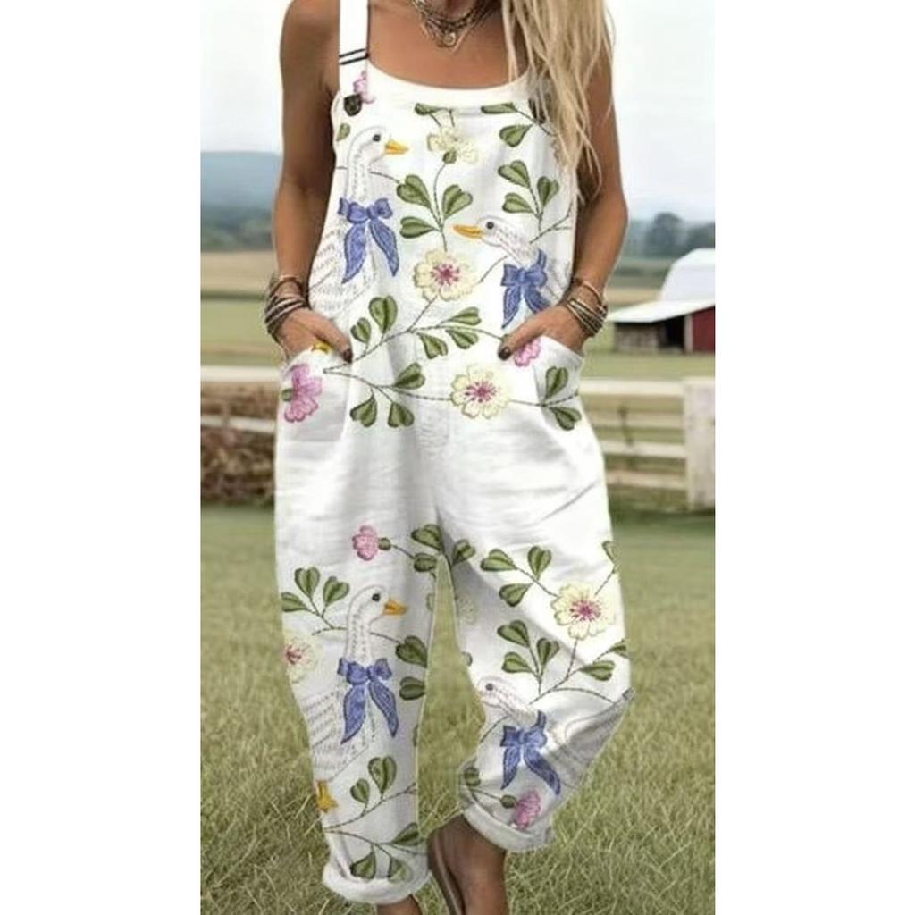 Women's Sleeveless Mid Rise 3D Digital Print Loose Casual Overalls Jumpsuit For Summer