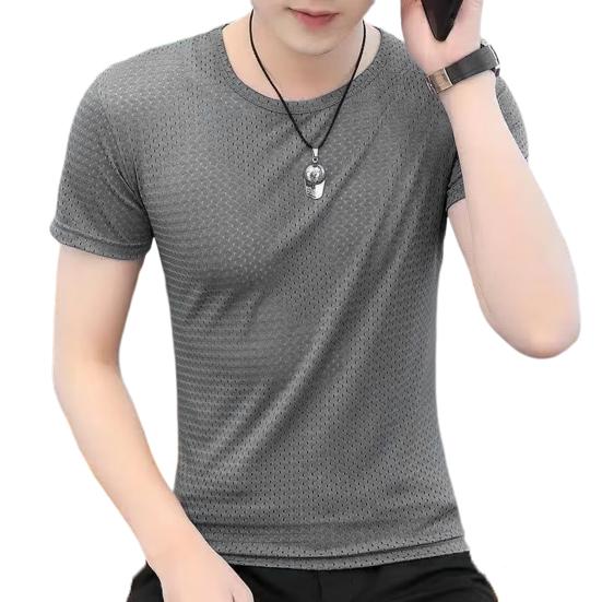 

Men Top Breathable Round Neck Quick Dry Mesh Design Short Sleeve All-matched Solid Color Men Summer Top Outing Clothing M темно-серого