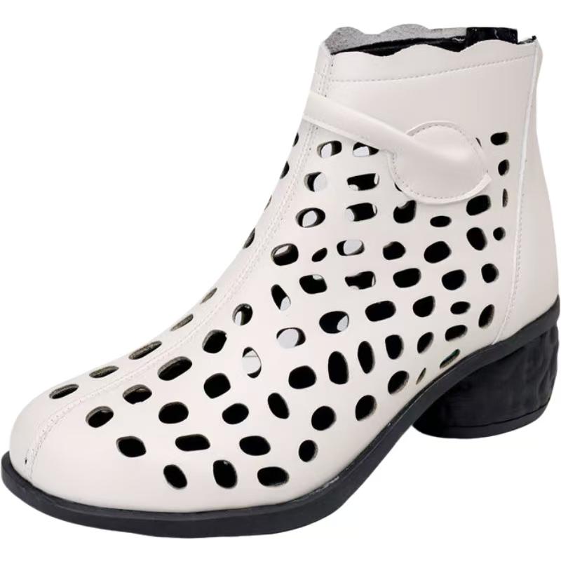 Damen Frühling Sommer Blockabsatz Knöchel Coole Stiefel Leder Ausgeschnitten Runde Spitze Locker Atmungsaktiv Höhere Sandalen Stiefel