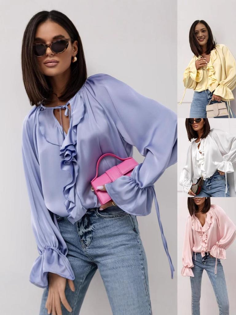 Spring/Summer Tie-Up Collar Ruffled Edge Blouse Loose Bell Sleeve Women's Shirt