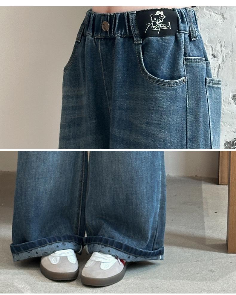 2025 Girls' Trendy Denim Wide-Leg Pants - Spring/Autumn Style, Long Straight-Leg for Big Girls