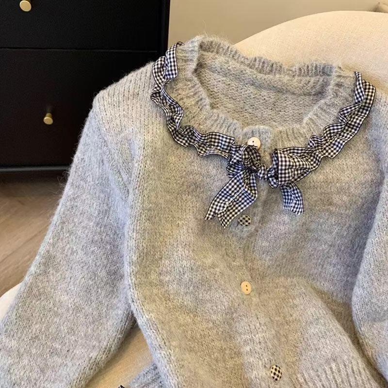 Korean Ruffle Plaid Bow Cardigan - Women's Chic Long Sleeve Knitted Top for Autumn/Winter