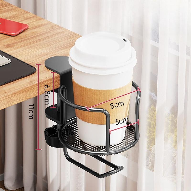 

Desk Cup Holder Clamp for Office Desktop - Side Mounted Beverage Bracket with Hook for Headphones & School Bags, Space-Saving