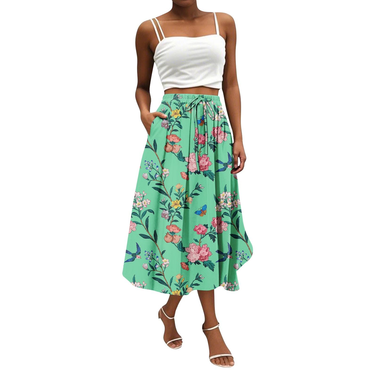 Women s Bohemian Floral Print Midi Skirt High Waist A-Line Summer Beach Casual Skirt with Adjustable Drawstring M