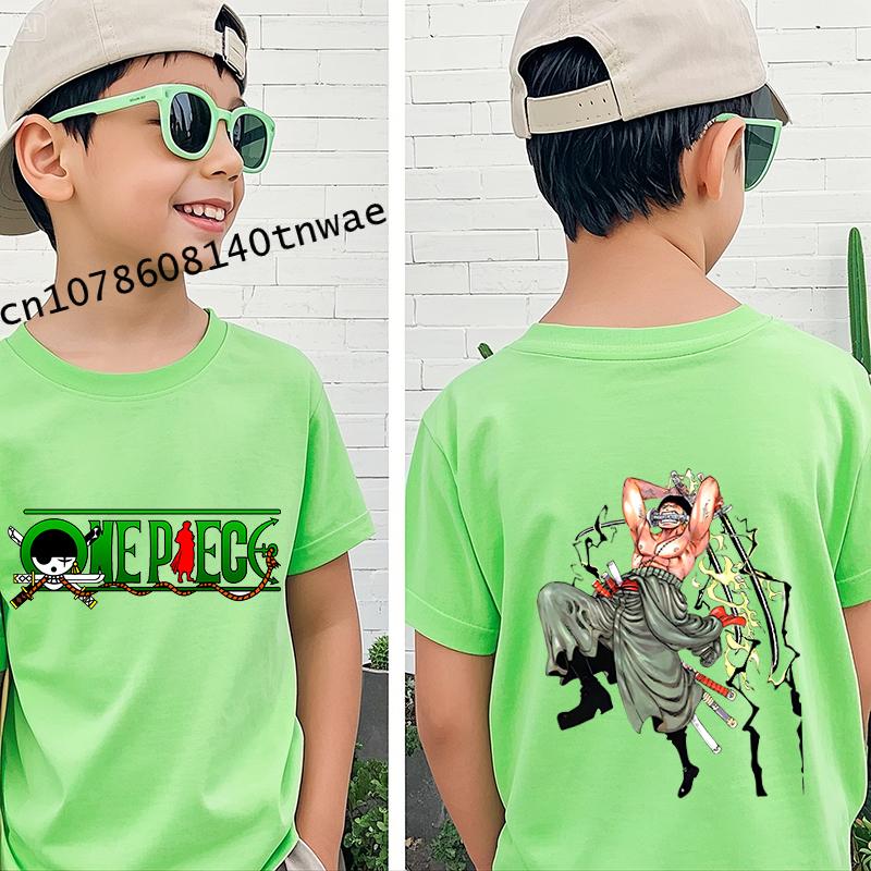 One Piece Roronoa Zoro Anime Kleidung Kinder T-Shirt Baumwolle Kurzarm Grün Cartoon Oberteil für Jungen